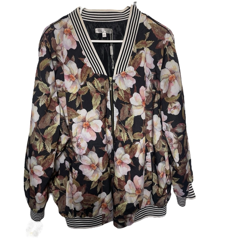 Solitaire Bomber Jacket Women’s 1X Black  Cream Floral Silky New